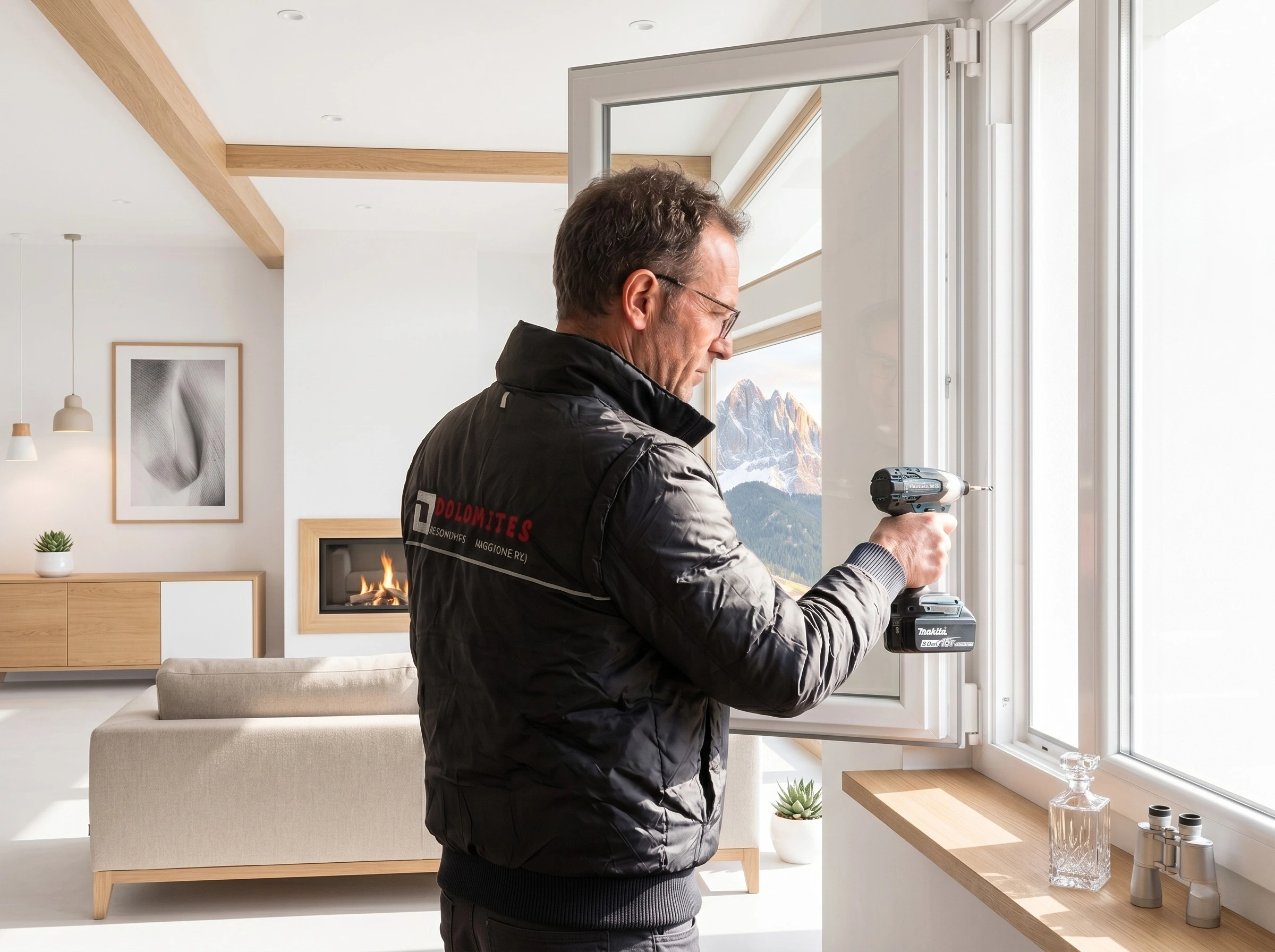 Tecnico specializzato Dolomites Infissi durante la posa certificata di serramenti in PVC a Belluno.
