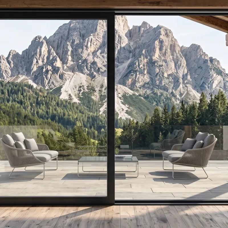 Grande vetrata scorrevole in PVC nero Dolomites Infissi con vista panoramica sulle montagne.